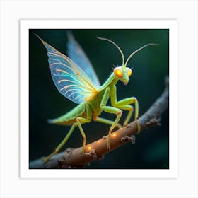 A Whimsical Mantis With Wings Of Translucent, Iridescent Light Perched On A Glowing Branch Art Print