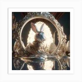 Photorealistic Cartoon White Rabbit Figurine In Mirror Frame Art Print