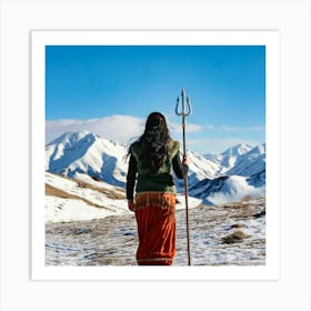 Firefly Graceful Indian Woman With Trident Walking Towards Snowy Hills 35439 Art Print