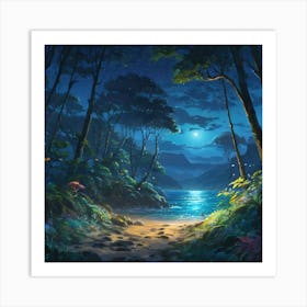 Moonlit Tropical Beach With Lush Forest and Glowing Sea at Night Art Print