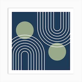 Mid Century Modern Geometric In Navy Blue And Sage Green (Rainbow And Sun Abstract) 02 Art Print