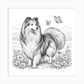 Line Art Collie dog 1 Art Print