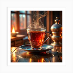 Cup Of Tea With Steam In Cozy Atmosphere Art Print