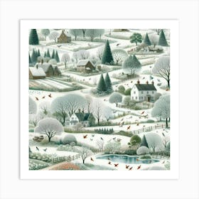 Winter Village With Trees And Lakes Art Print