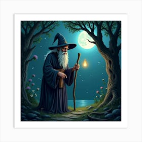 A Wise Old Wizard Casting Spells With A Staff In A Moonlit Grove 1 Art Print