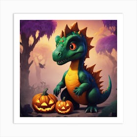 Dinosaur With Pumpkins Art Print