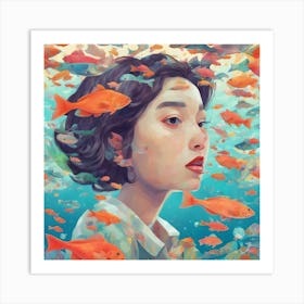 Girl Surrounded By Fish 1 Art Print