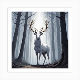 A White Stag In A Fog Forest In Minimalist Style Square Composition 59 Art Print
