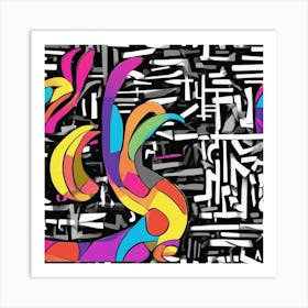An Image Of A Bunny With Letters On A Black Background, In The Style Of Bold Lines, Vivid Colors, Gr (2) Art Print