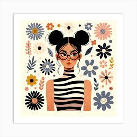 Girl With Buns and Flowers Art Print