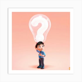 Cartoon Style Character Whimsical Expression Hand On Chin Gently Stroking A Giant Floating Questi (5) Art Print