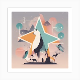 A Drawing In Pastel Colors Of Animals Light And Shadow And A Star, In The Style Of Bauhaus Simplici (2) Art Print