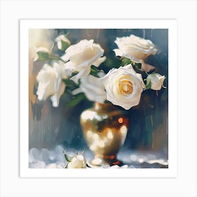 White Roses in Gold Vase Art Print