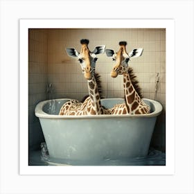 Giraffes In The Bath Art Print