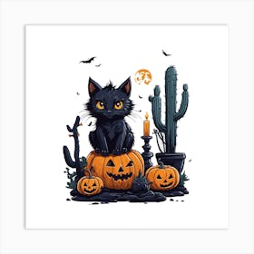 Black Cat Halloween Pumpkins Art Print