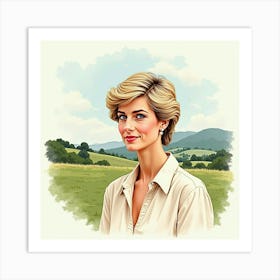 Princess Diana In Watercolor With A Serene Background Of Hills 1 Art Print