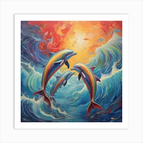 Van Gogh style, Rainbow dolphins 1 Art Print