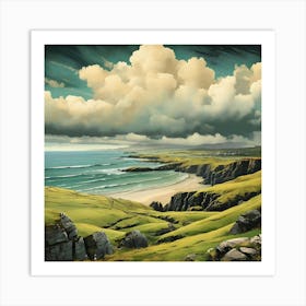 Stormy And Rainy Ireland Retro Landscape Beach And Co 2 Art Print