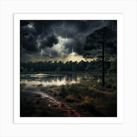 Lightning Over A Lake Art Print