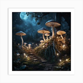 Mushroom Forest At Night Art Print