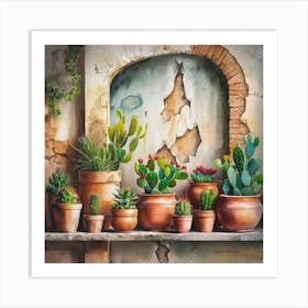 Watercolor painting of an old, weathered wall with cracked stone and peeling paint. The background features various sizes and shapes of terracotta pots on the shelf below. Each pot is filled with vibrant cacti or succulents, Art Print