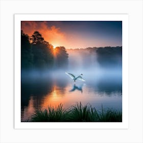 Swan In Flight Spreading Its Wings Majestically Over A Serene Blue Lake Sunset Backlight Illuminat Art Print