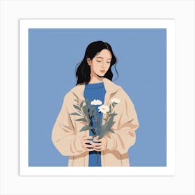 Asian Girl Holding Flowers Art Print