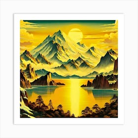 Realistic Towering Snow Capped Mountains, Sunrise, Warm Colors, Lake In The Foreground, Bird S Eye View Art Print