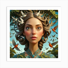 Woman With Birds In Her Hair Art Print