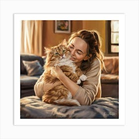 Woman Hugging Her Cat Art Print