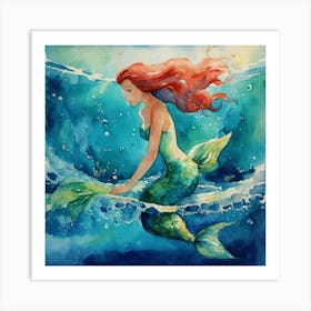 Painting The Little Mermaid Swimming In The Ocean Art Print