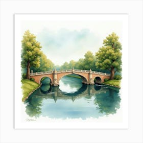 A Picturesque English Bridge Over A Gentle River, Watercolor Style 1 Art Print