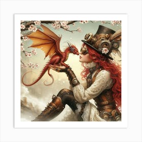 Steampunk Girl With Dragon 1 Art Print