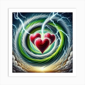 3 Dimensional Lightning With Multiple Green And White Swirls In A Vortex Of 3 Red Hearts Oil Painting 4 Art Print