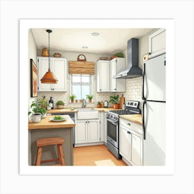 Cozy And Stylish Watercolor Kitchen, Inviting And Cheerful 1 Art Print