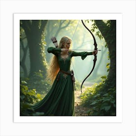 Elegant Elven Archer With A Bow, Poised To Shoot In A Mystical Forest Glade 1 Art Print