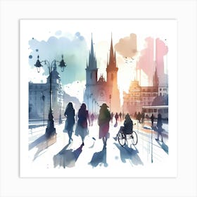 Watercolor Of People Walking In The City Art Print