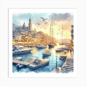 Watercolor Of A Harbor Art Print