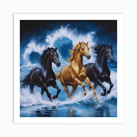 Three Lucky Horses Running In The Ocean Waves Art Print