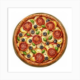 Pizza With Tomatoes, Olives, And Basil 1 Art Print