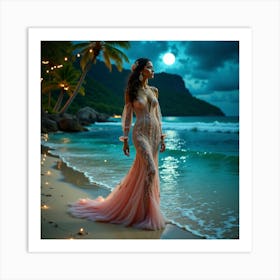 Beautiful Bride On The Beach At Night Art Print