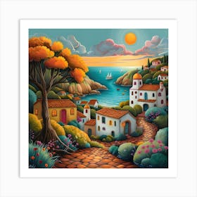 Mediterranean Village, Naive, Whimsical, Folk Art Print