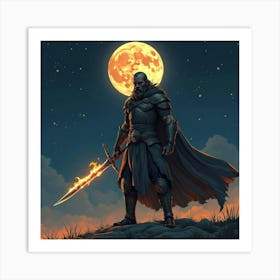 A Warrior Holding A Sword With Fire Coming From The Blade, Standing Under A Starry Sky With A Full Moon Art Print