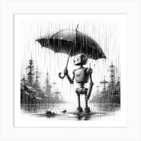 Robot In The Rain Art Print