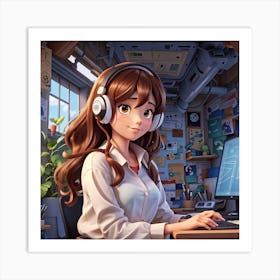 Anime Girl With Headphones Art Print