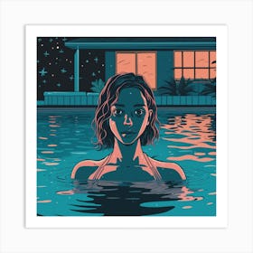 Girl Swimming In A Pool In The Middle Of The Night Art Print