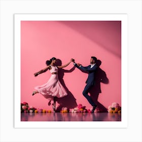 Young Couple Dancing On Pink Background Art Print