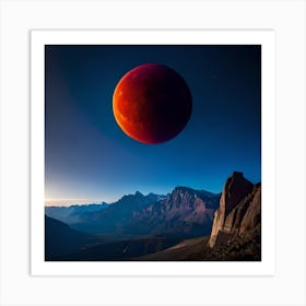 Blood Moon, Realistic Landscape, Red Moon, Solar Eclipse, Lunar Eclipse, Astronomy, Mountains and Moon Art Print