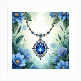 Ethereal Sapphire Necklace, Watercolor, Lush Garden Background 1 Art Print