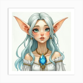 Ethereal Elf With A Crystal Amulet, Watercolor Portrait 1 Art Print